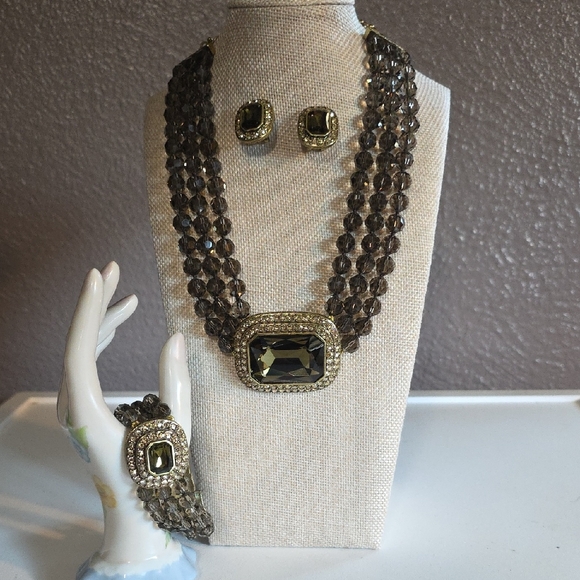 Heidi Daus Jewelry - Vintage Heidi Daus Smoky Crystal Jewelry Set with Gold Accents